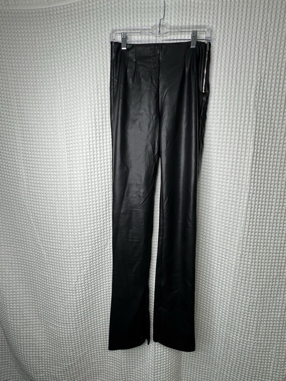 Zara Womens M Black Faux Leather Pants High Rise Side Zip Slim Leg Vegan Medium